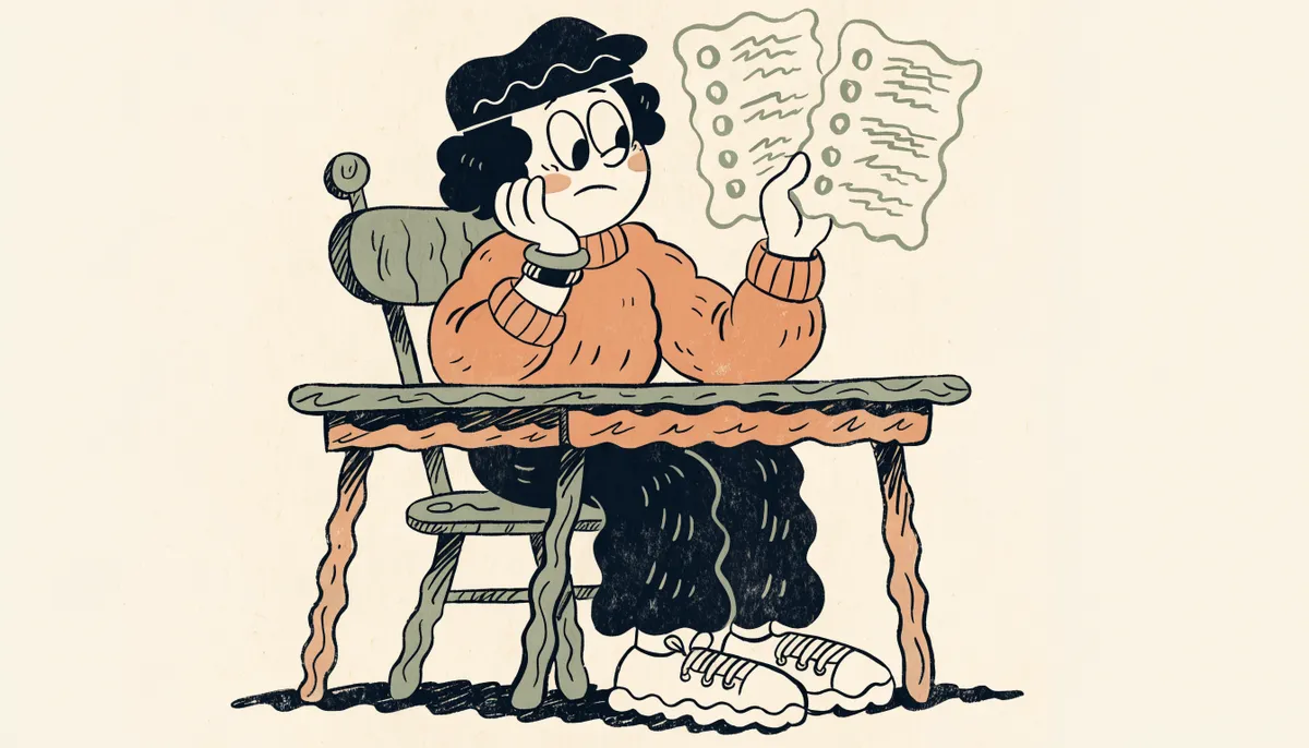 A cartoon student at a desk comparing two report cards side by side, thinking
