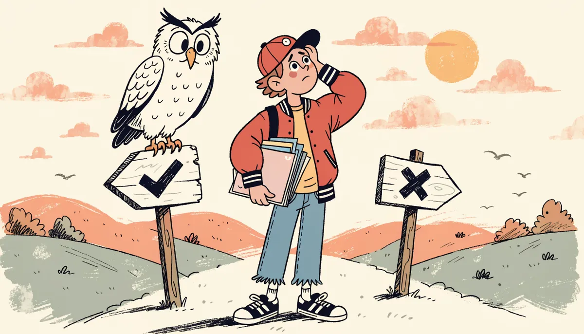 Cartoon student at a fork in the road with a wise owl on a sign pointing one direction