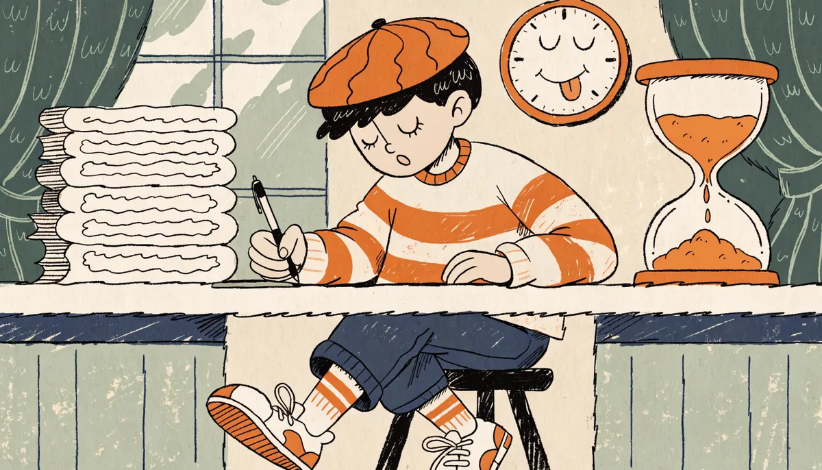 Cartoon student at a desk with an hourglass next to a neatly stacked essay in four paragraphs