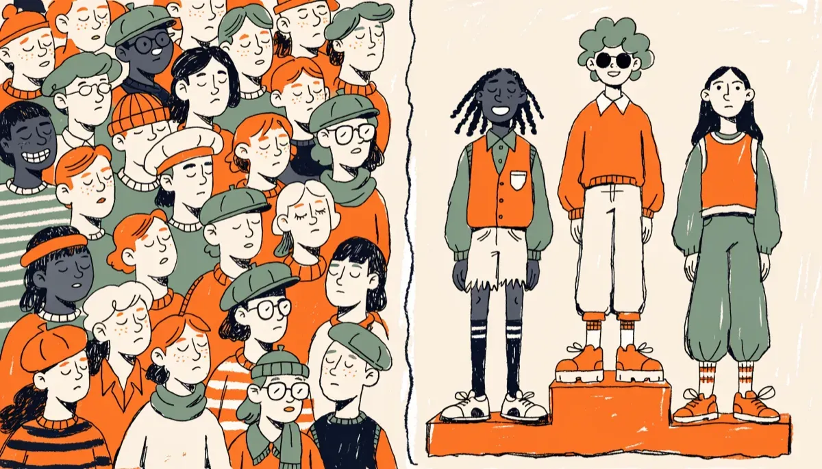 Illustration contrasting a large crowd of test takers with a small group on a podium, showing how participation affects average scores