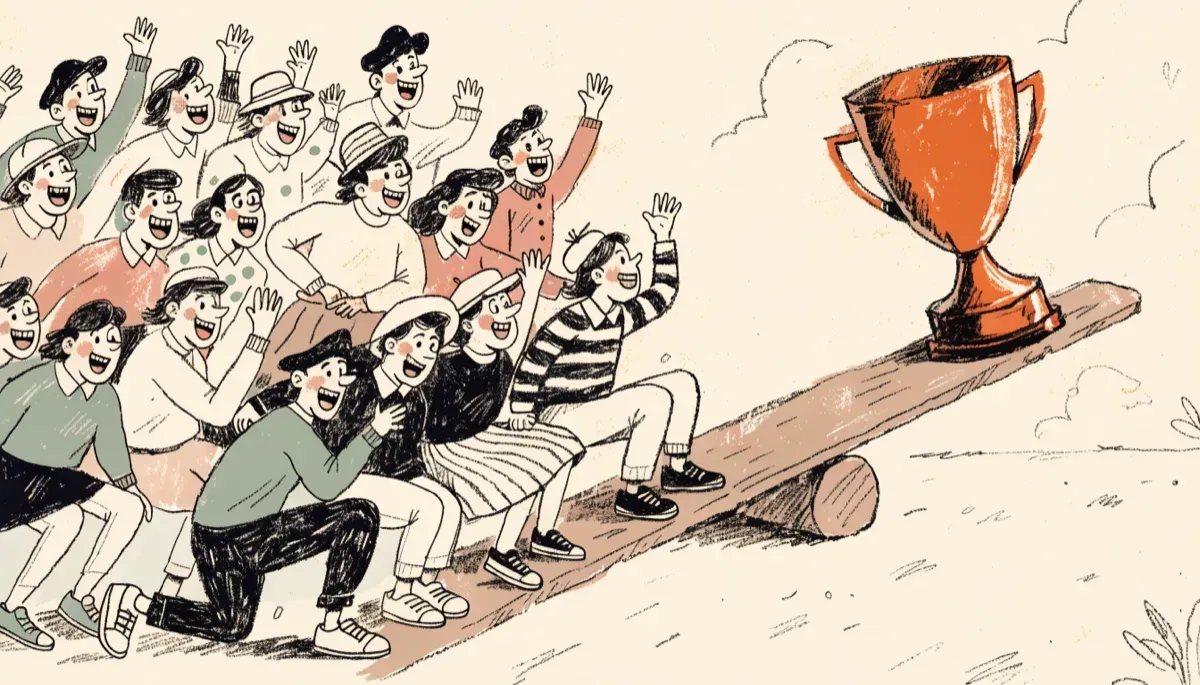 Illustration of a seesaw balancing a crowd of students against a single trophy, representing how participation rate affects average scores