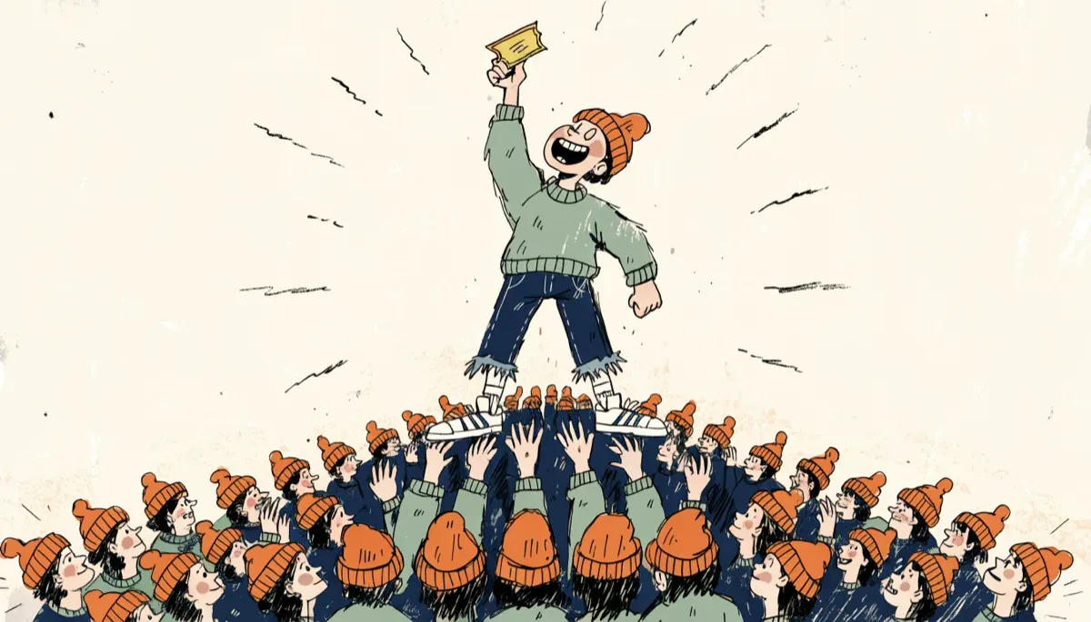 Illustration of a student at the top of a pyramid of classmates holding a golden ticket, representing Texas Top 10% automatic admission