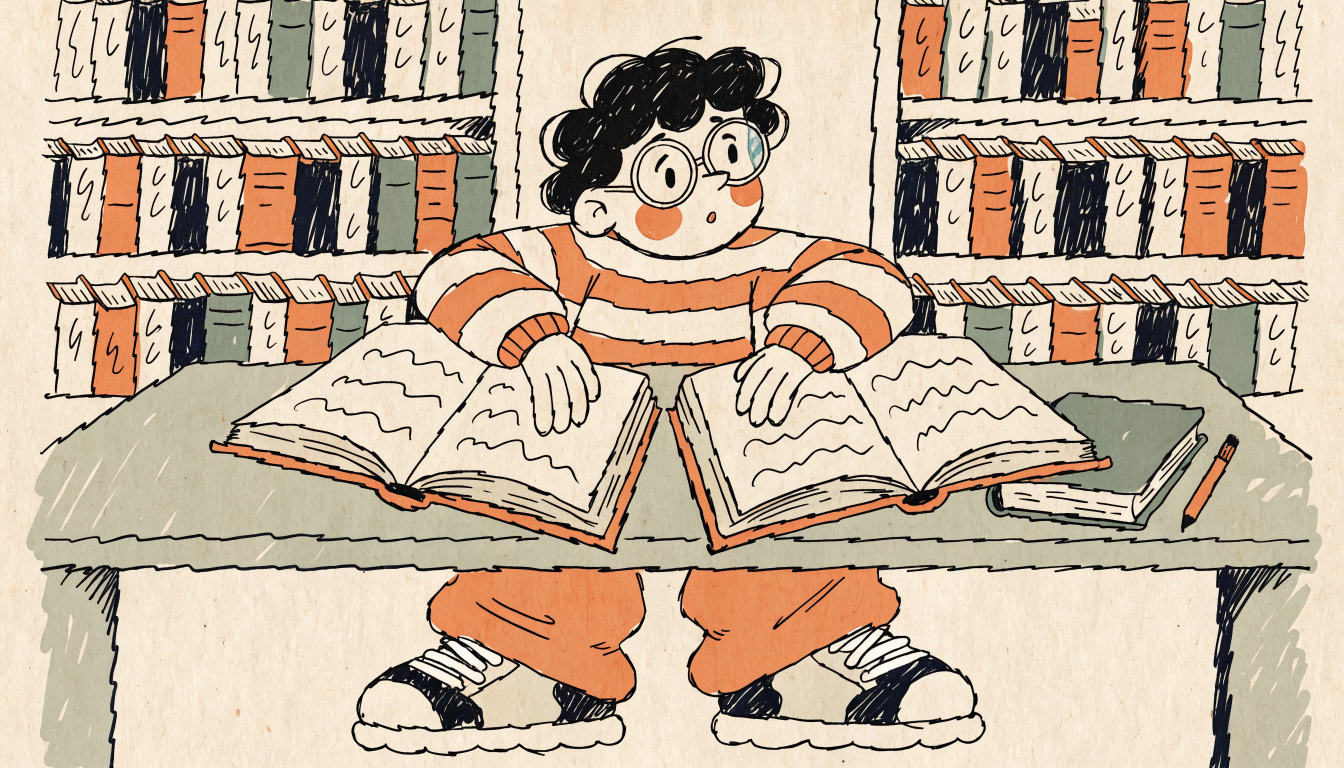 Student at a library table comparing two open prep books side by side