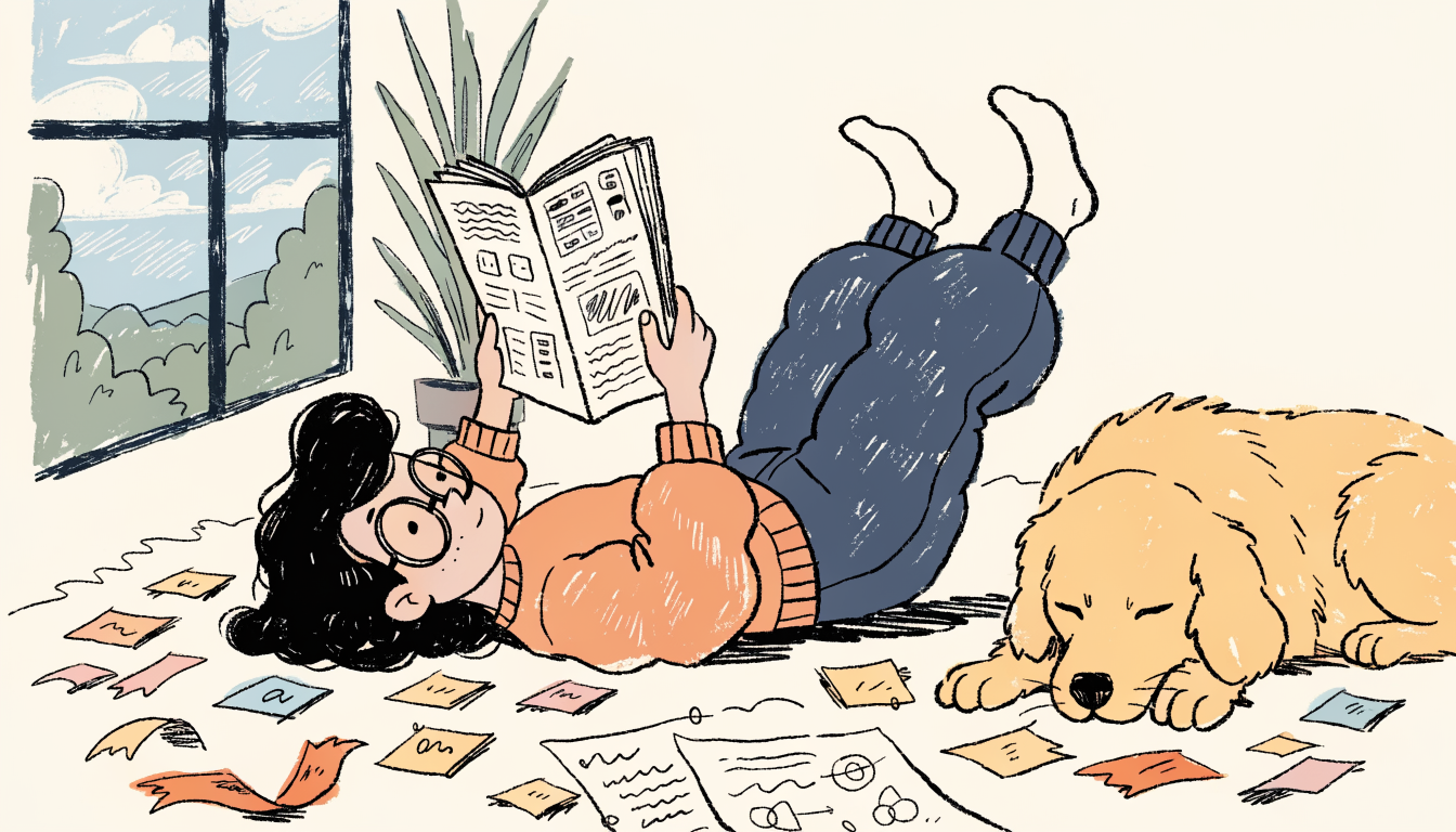 Student lying on a rug reading a thick study guide with a golden retriever sleeping nearby