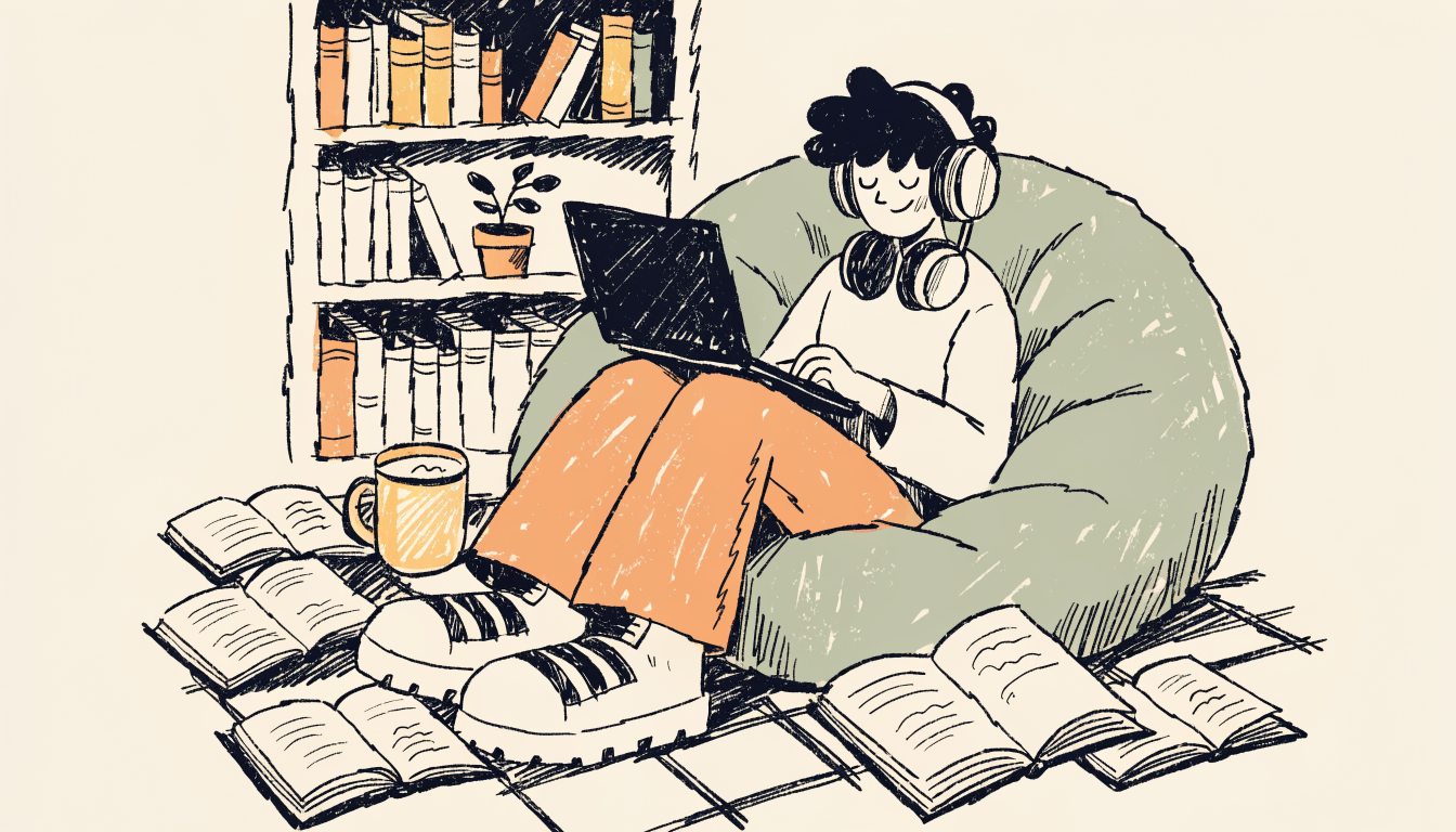 Student sitting in a bean bag chair studying with a laptop and surrounded by open books