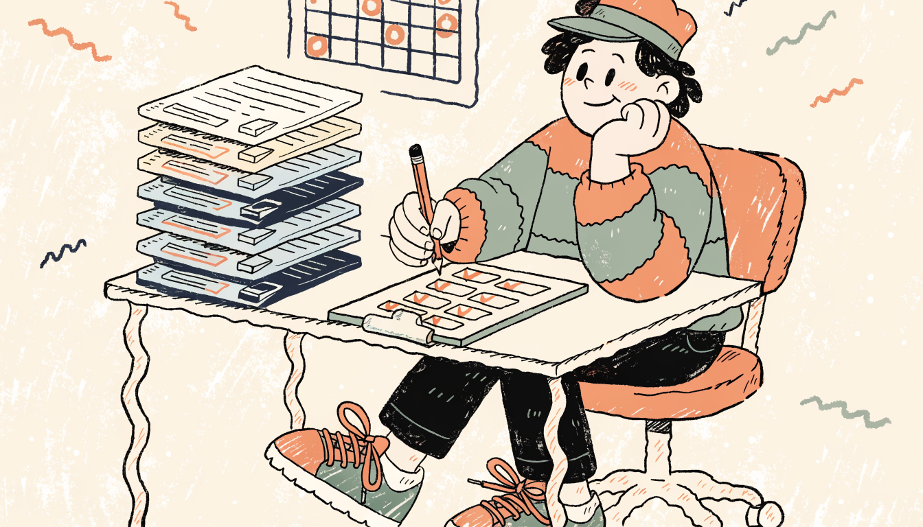 Student at a desk checking off items on a study checklist with completed practice tests stacked nearby