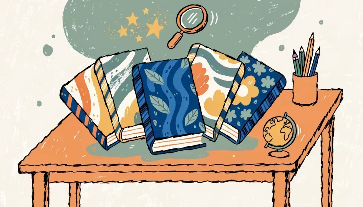 Retro illustration of colorful prep books on a desk with a magnifying glass and globe