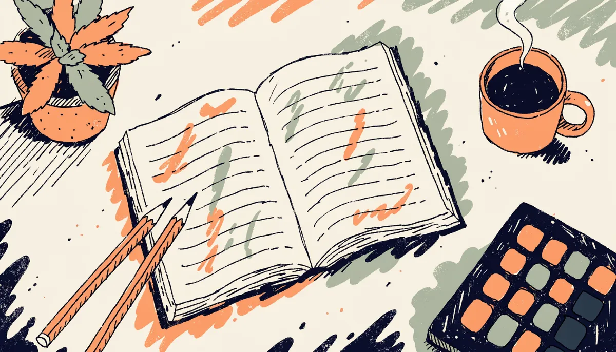 Vintage cartoon illustration of a study desk with an ACT prep book, pencils, calculator, and steaming coffee mug