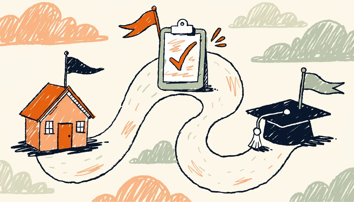 Cartoon illustration of a timeline path with milestone flags from a high school building to a clipboard checkmark to a graduation cap