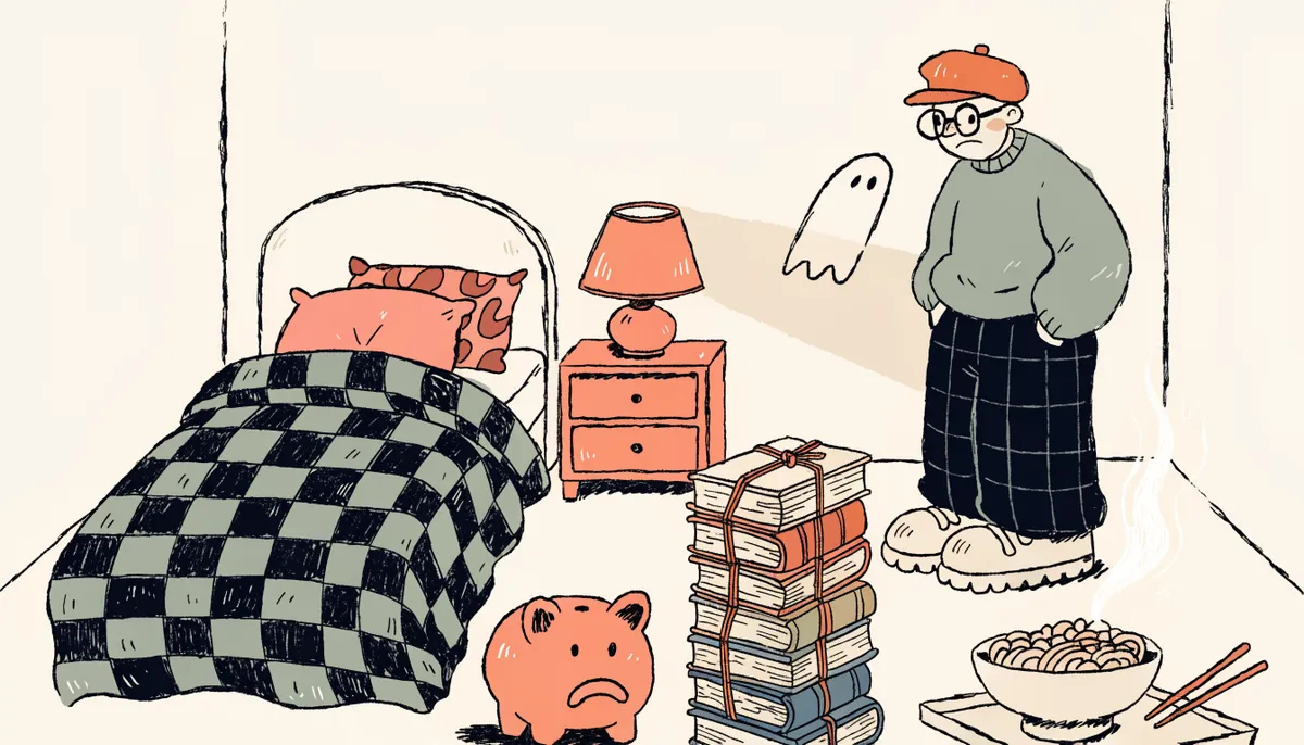 A cartoon student looking at a small dorm scene with a piggy bank, textbooks, and a meal tray, illustrating items that Bright Futures does not cover