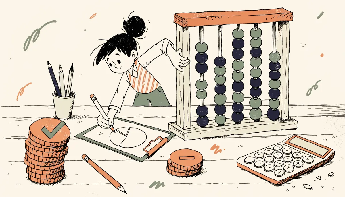 A cartoon student at a desk working through a college budget with stacks of coins, a calculator, and a pie chart on paper