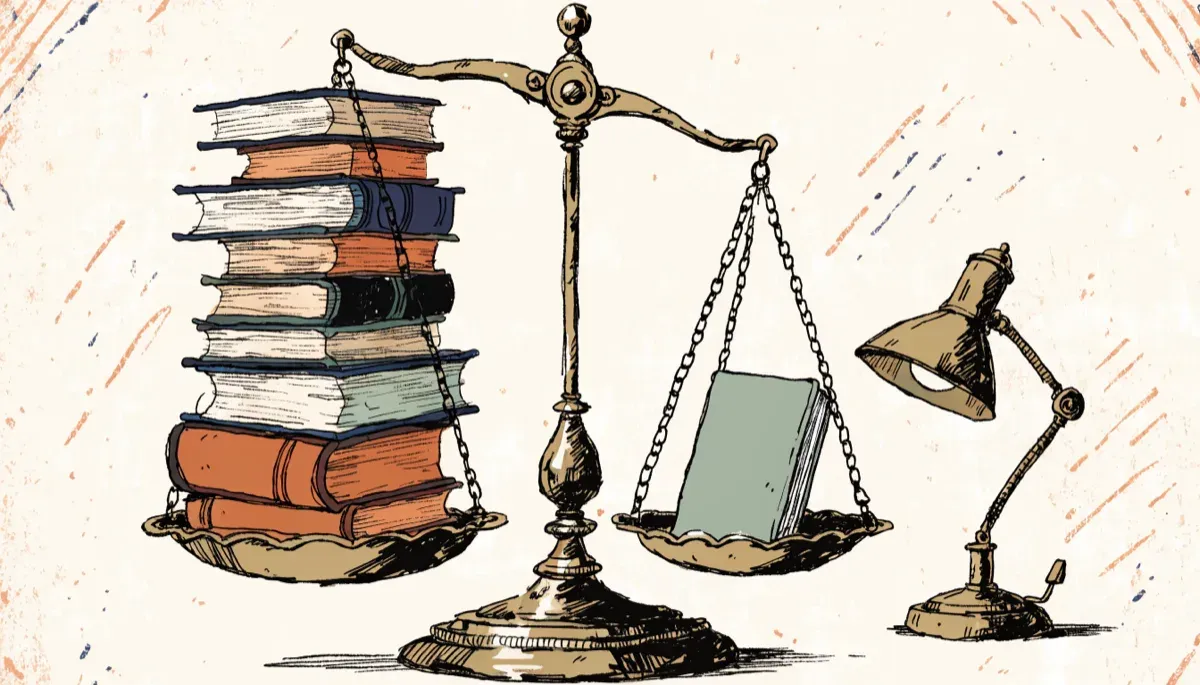 Illustration of a balance scale weighing advanced textbooks against a thin notebook, representing weighted versus unweighted GPA