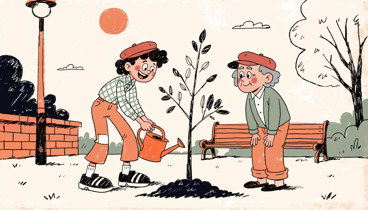 Cartoon illustration of a teenage volunteer planting a tree with an elderly neighbor at a community park