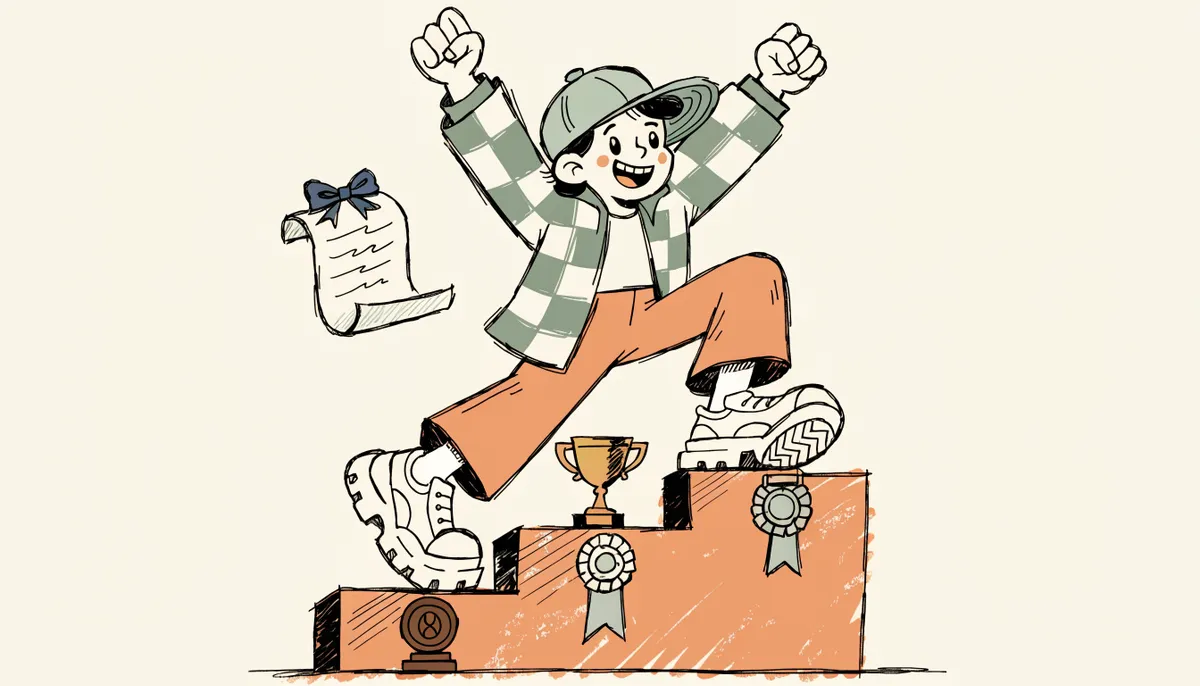 Cartoon student on the top of a three-step podium with gold trophy, silver ribbon, and bronze medal