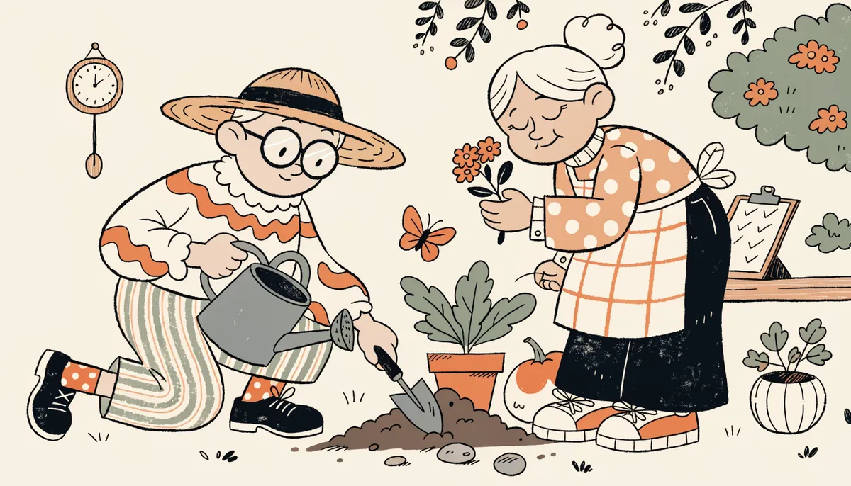 Cartoon student volunteering at a community garden with a watering can and trowel alongside an elderly neighbor