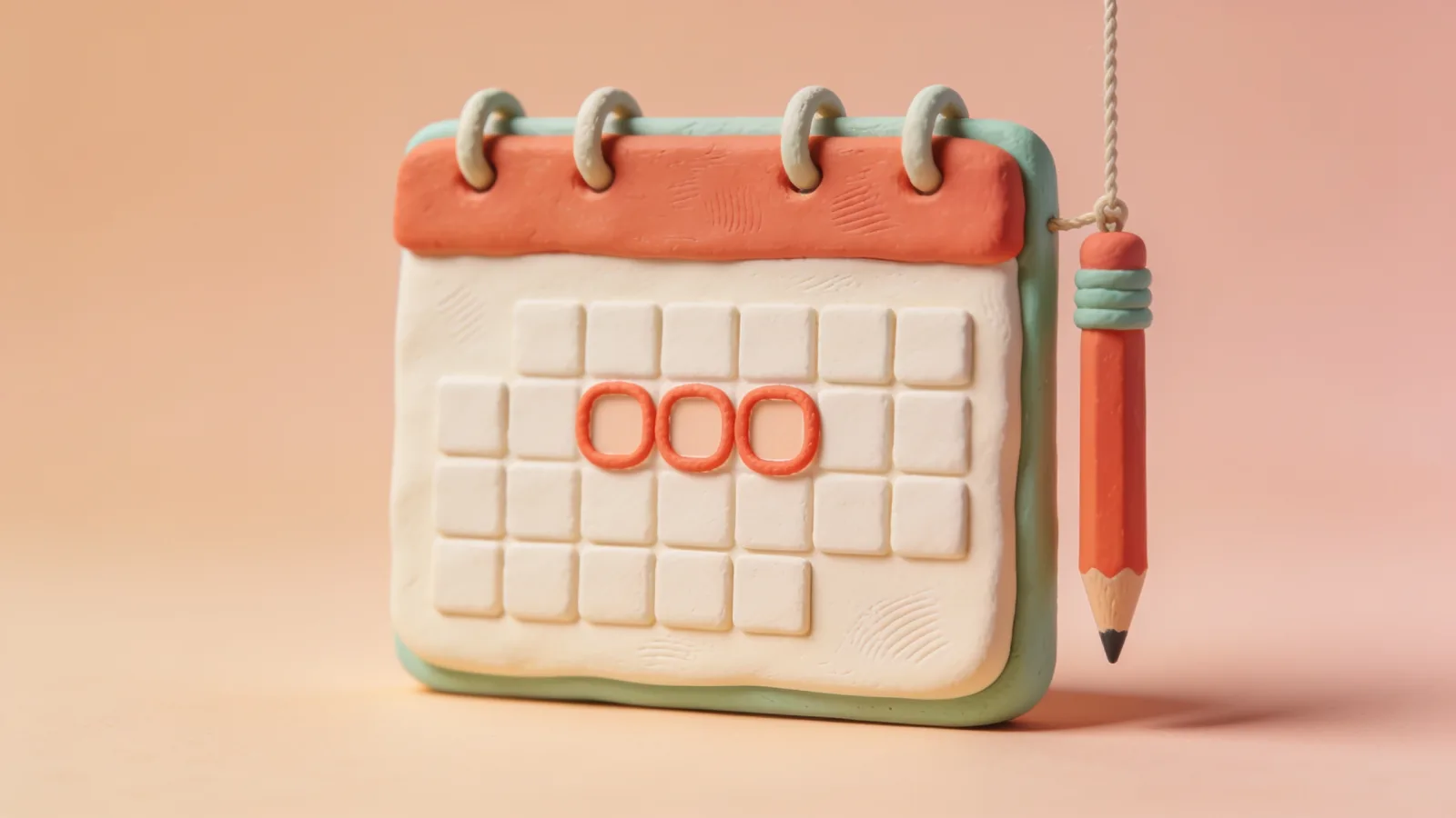 Clay illustration of a cream wall calendar with blank squares, three of them circled in coral, and a coral pencil hanging beside it on a string