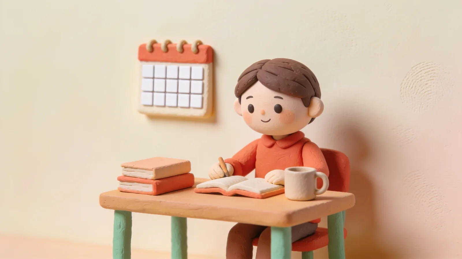 Clay illustration of a smiling student writing in an open notebook at a small desk with two plain books and a mug, a blank wall calendar behind
