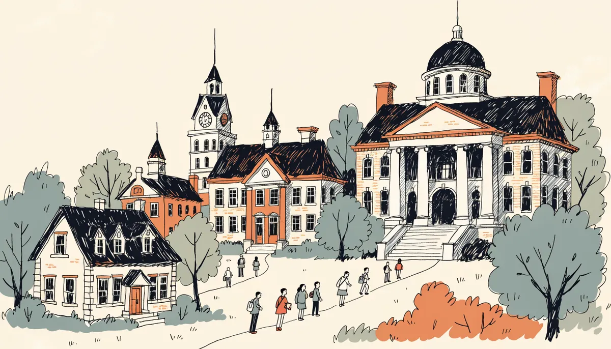 Retro cartoon illustration of college buildings increasing in size and grandeur along a winding path