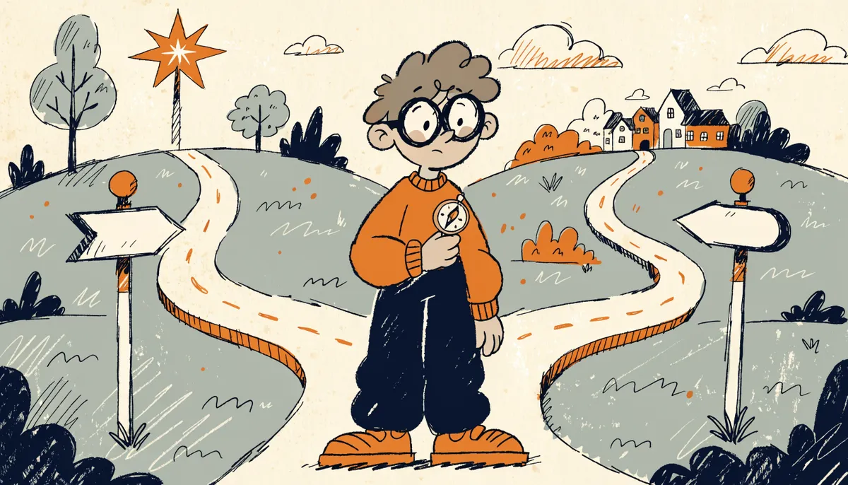 Retro cartoon illustration of a student at a crossroads looking at signposts with a compass