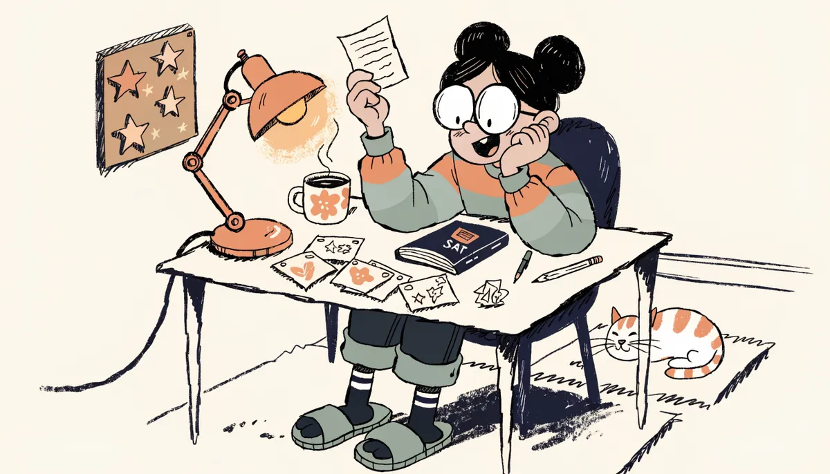 Illustration of a student holding up a report card at a study desk