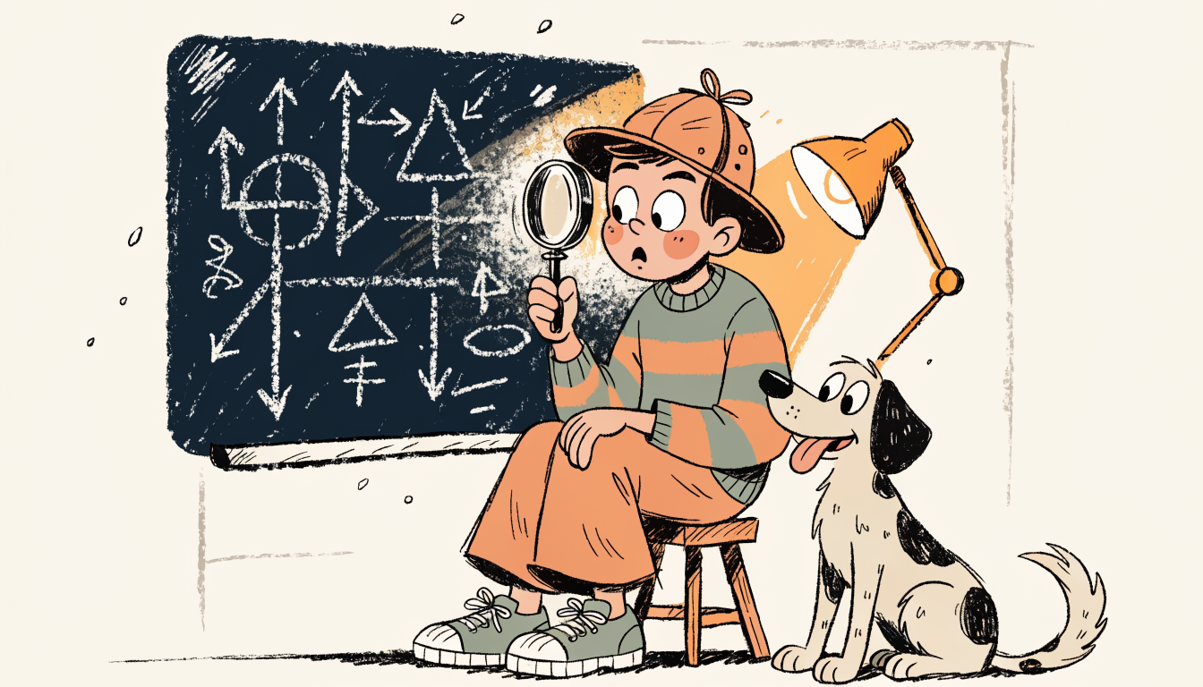 Retro cartoon illustration of a student detective examining a giant equation on a chalkboard with a magnifying glass