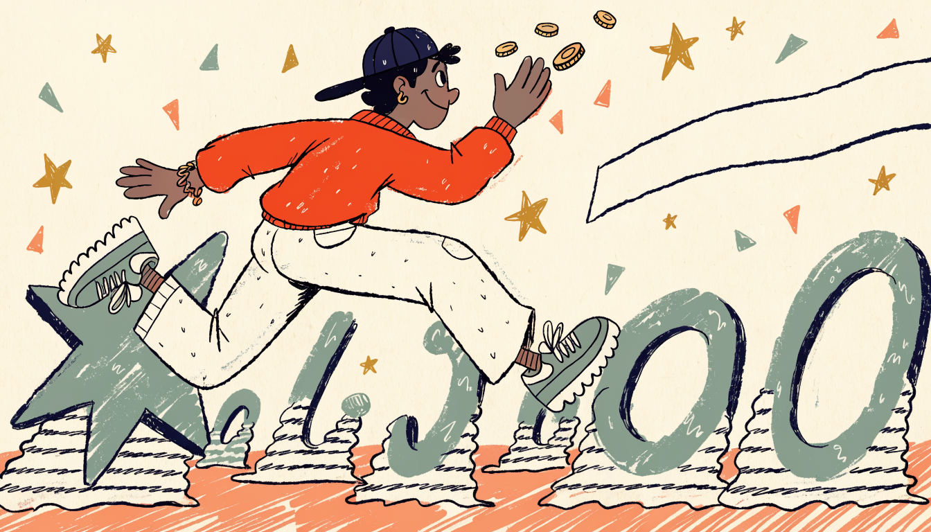 Retro cartoon illustration of a student running an obstacle course and leaping over hurdles shaped like math symbols