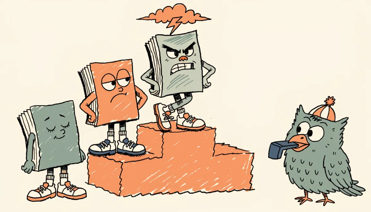 Retro illustration of cartoon test booklets on a competition podium with an owl referee