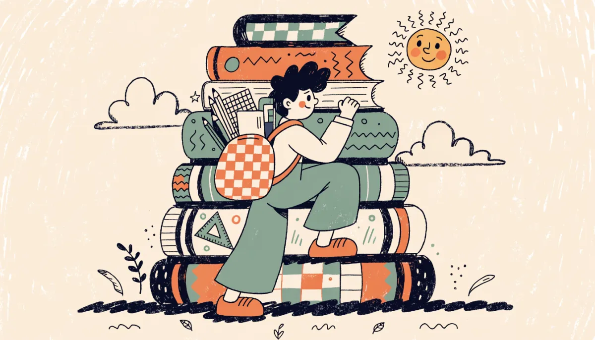 Retro illustration of a student climbing progressively larger books toward a sunny sky