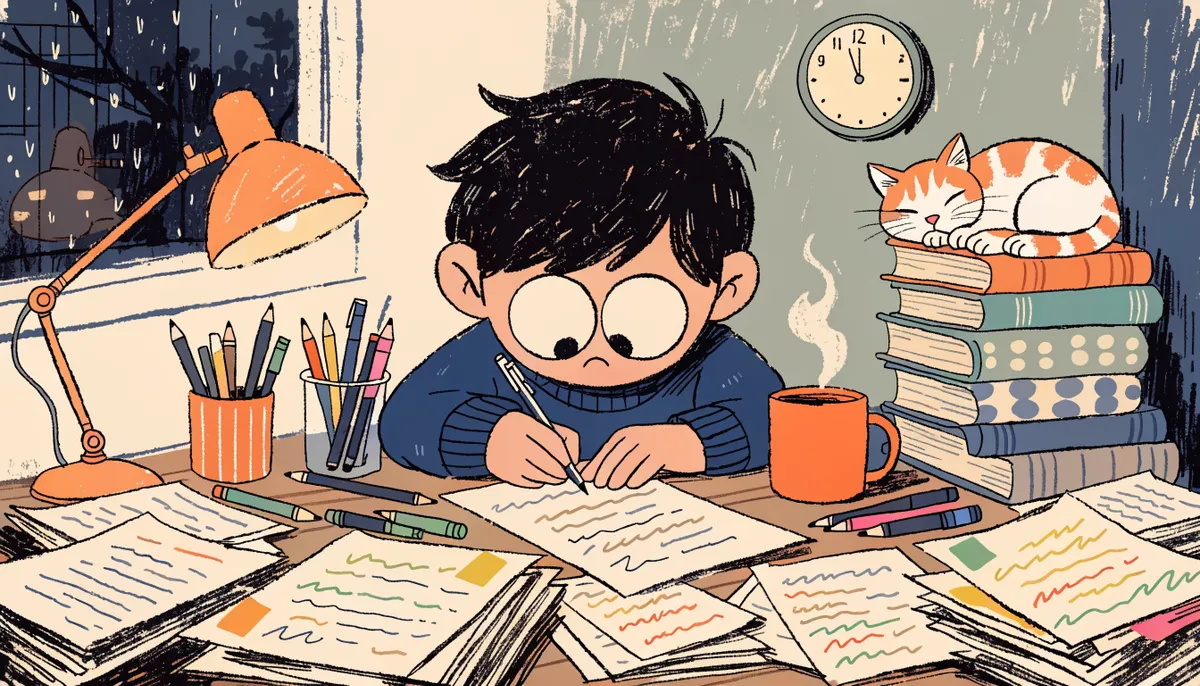 Illustration of a student studying late at night with practice tests and flashcards