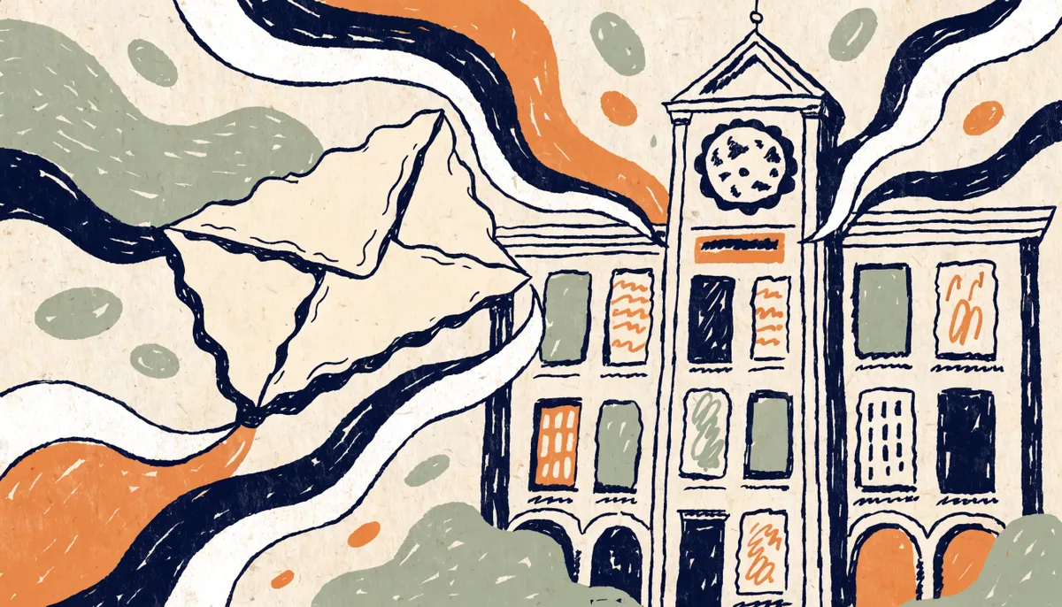 A cartoon envelope with a report card flying toward a university building