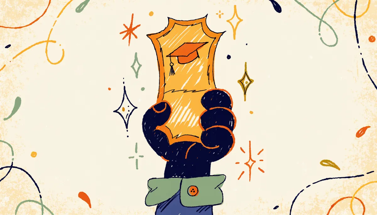 A cartoon hand holding a golden ticket with a graduation cap, sparkles around it