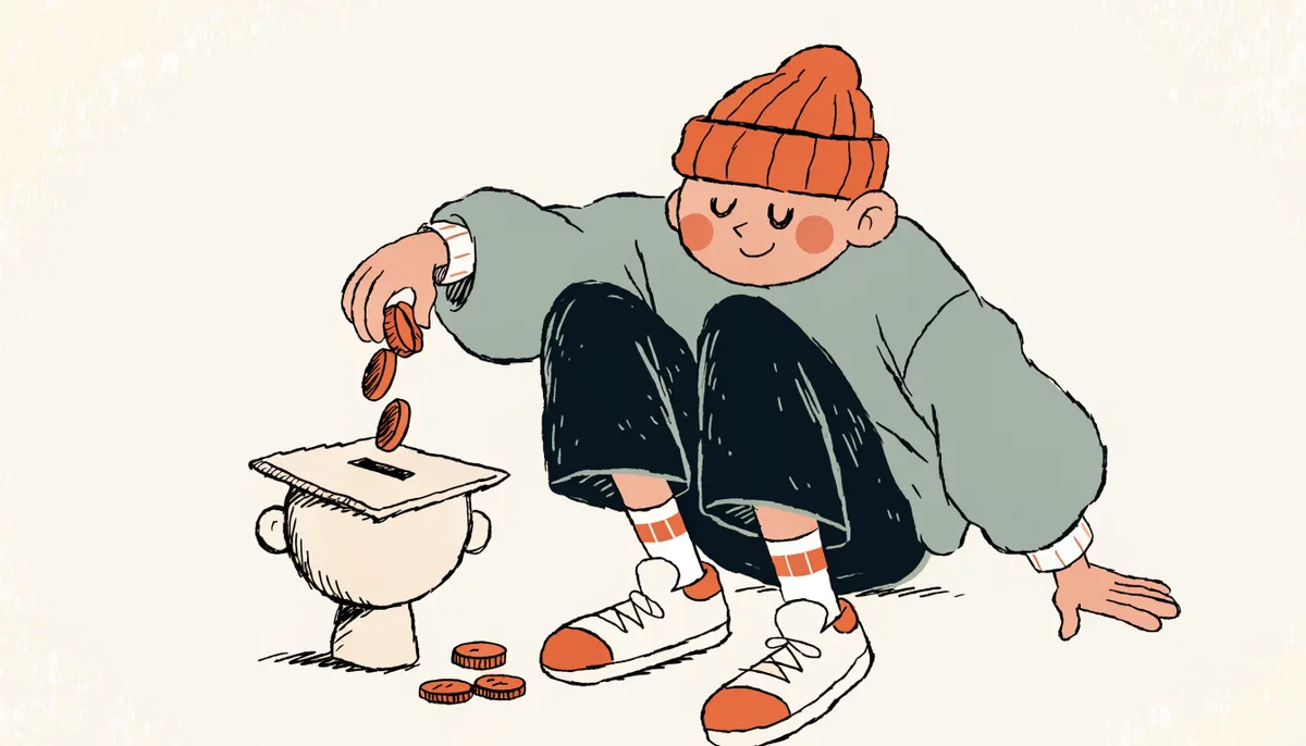 Cartoon student dropping coins into a small jar, representing SAT fees and refunds