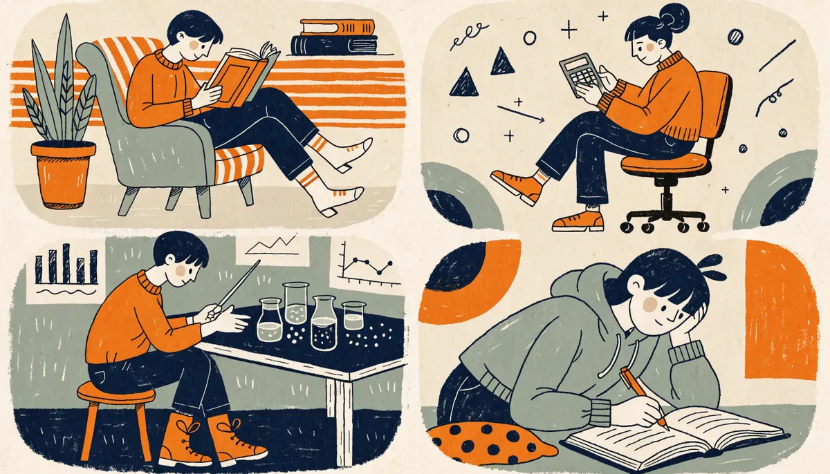 Four distinct study scenes representing the ACT English, Math, Reading, and Science sections