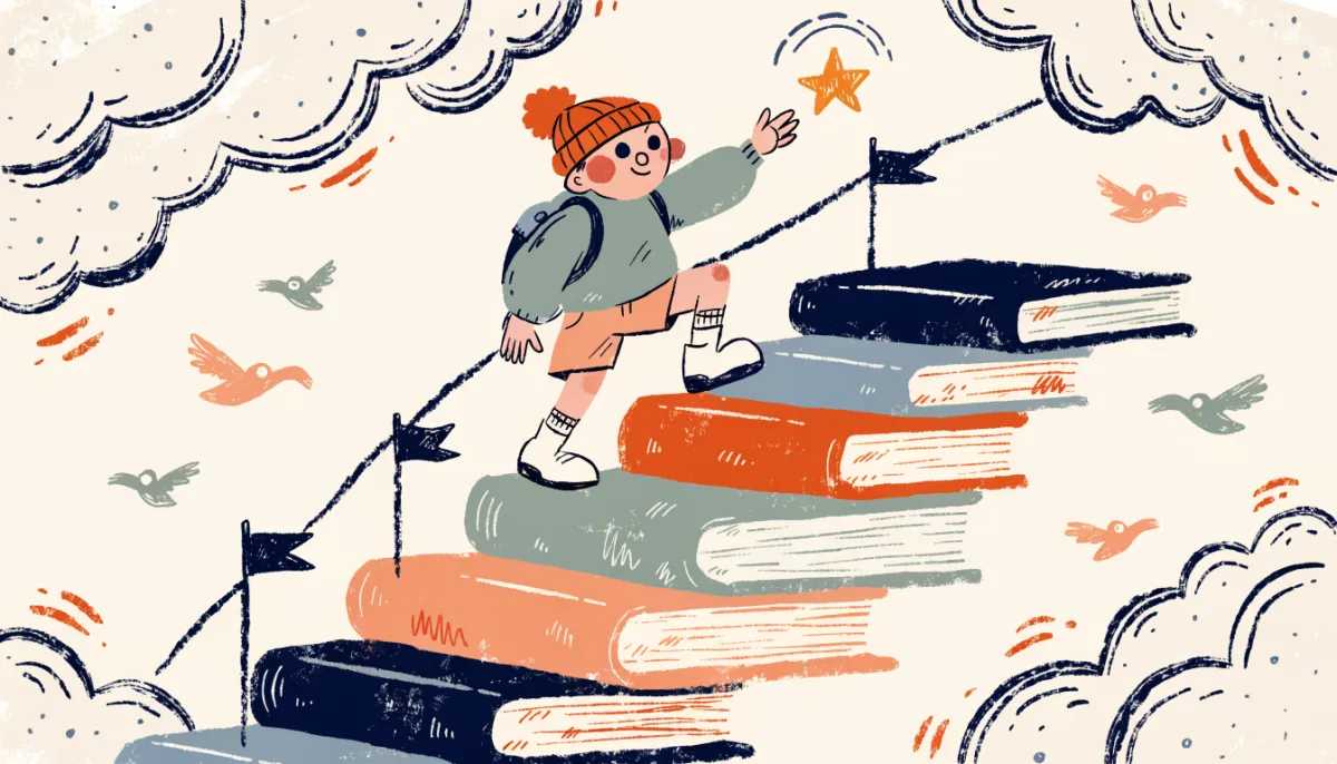 Student climbing a staircase of books toward their goal score