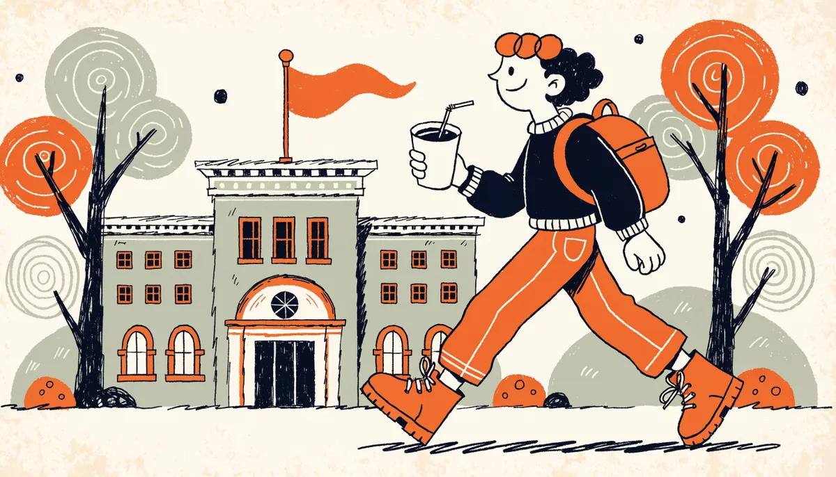 A cheerful cartoon student walking toward a large friendly state university building with a flag