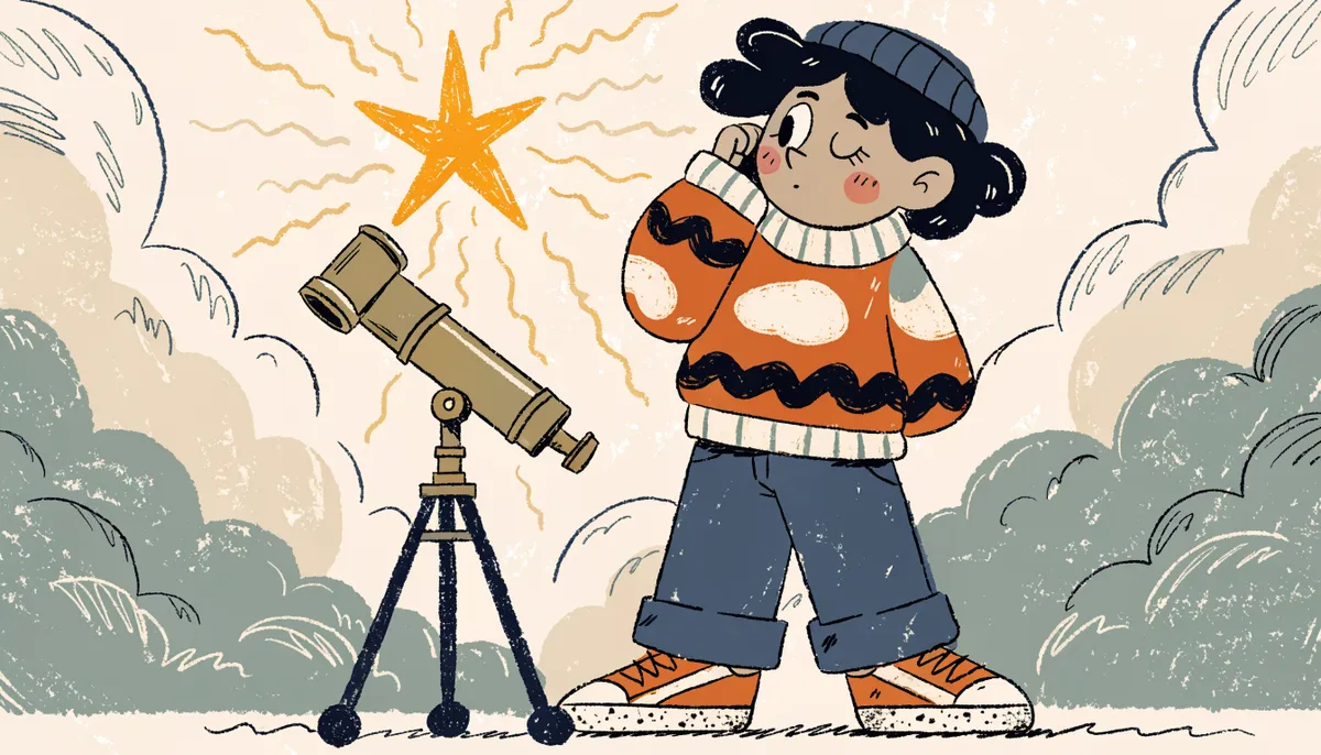 A cartoon student looking through a telescope toward a rising star, representing room to improve