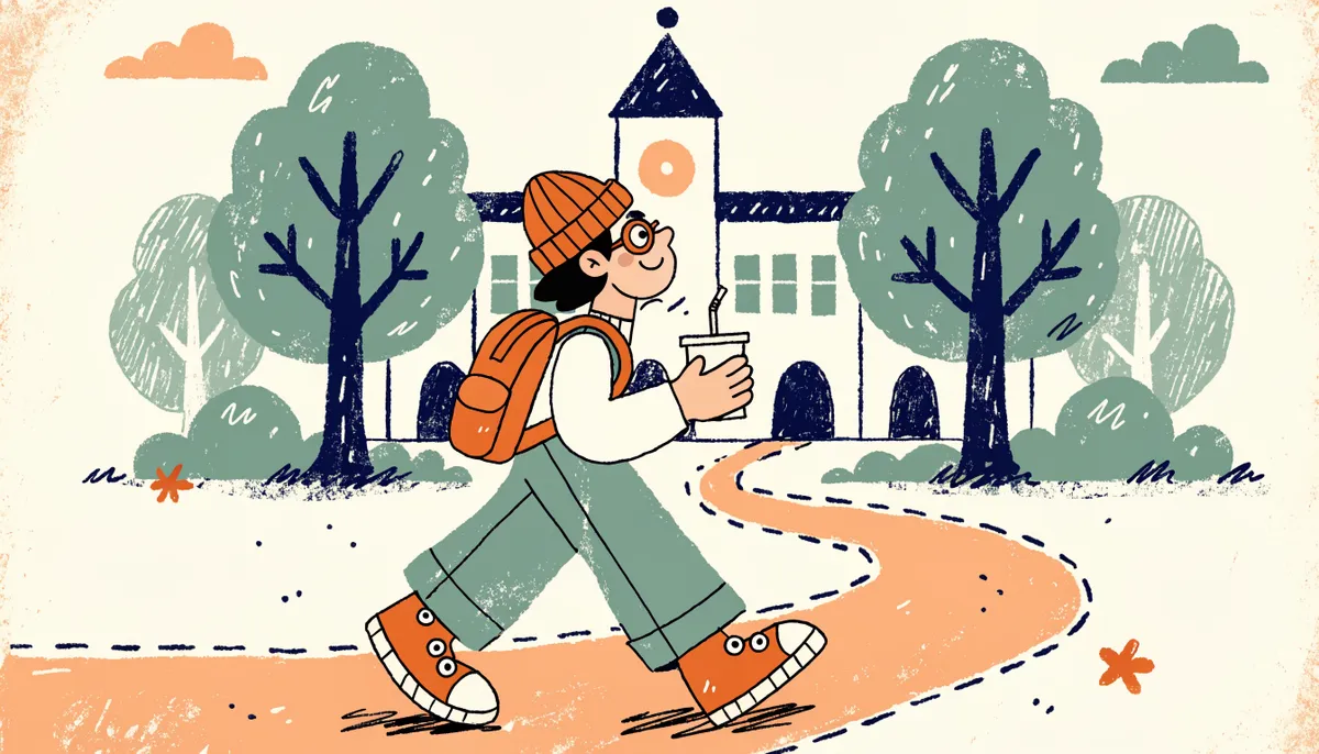 A cheerful cartoon student walking up a path toward a friendly university building with a clock tower