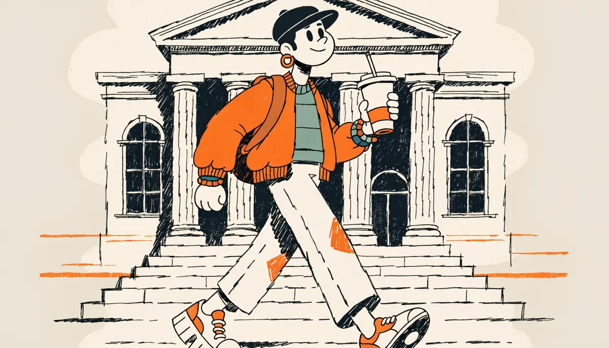 A confident cartoon student walking up steps toward an impressive university hall with columns