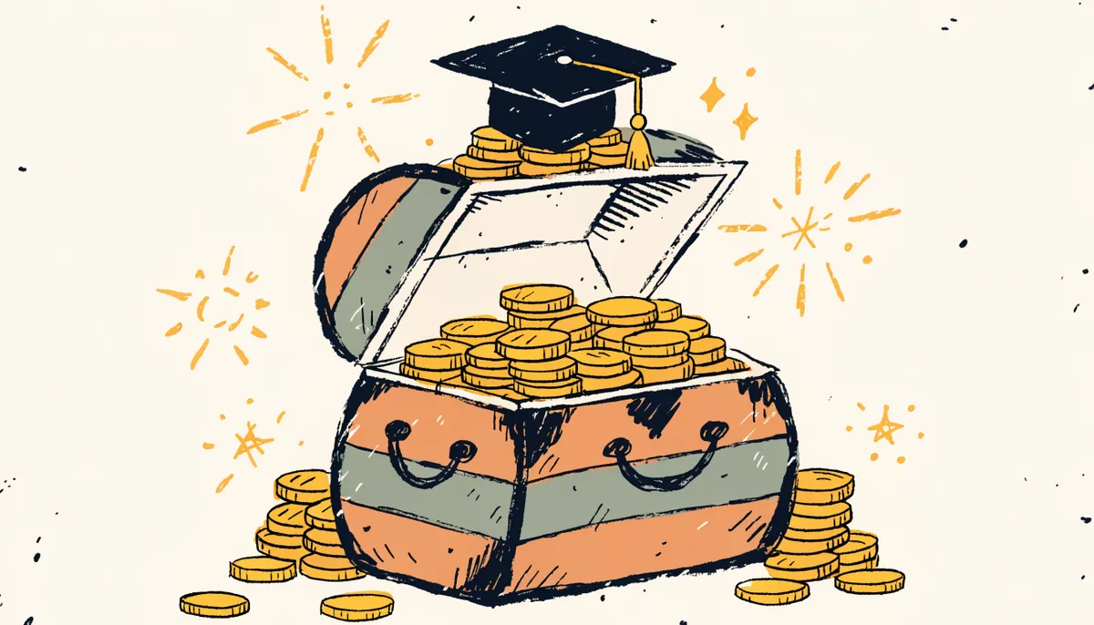 A cartoon treasure chest with gold coins and a graduation cap, sparkles around it