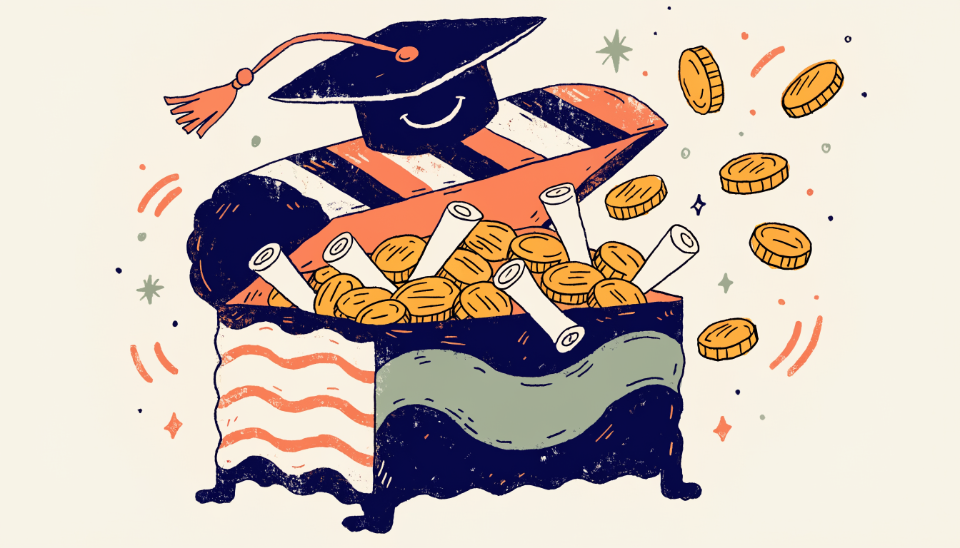 Treasure chest with scholarship coins and graduation cap representing merit aid opportunities