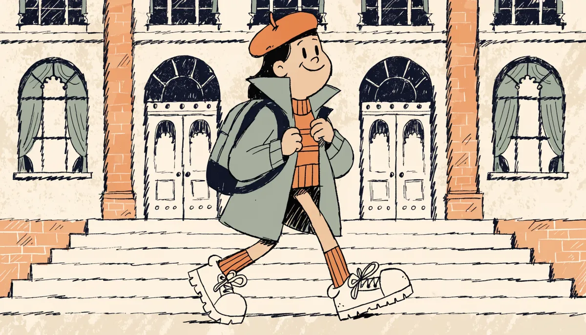 A confident cartoon student walking up steps toward a grand university building with arched windows