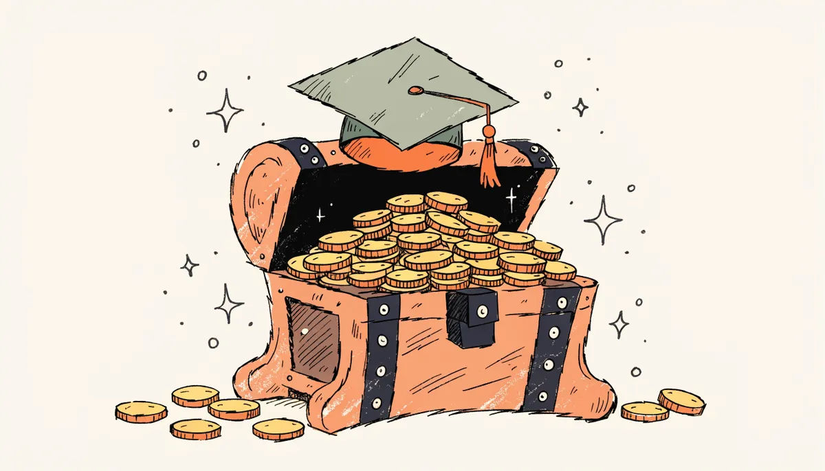An open cartoon treasure chest full of gold coins with a graduation cap on top and sparkles around it