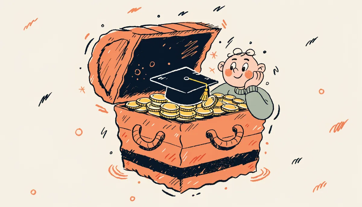 Treasure chest overflowing with scholarship coins and a graduation cap representing merit aid for a high SAT score