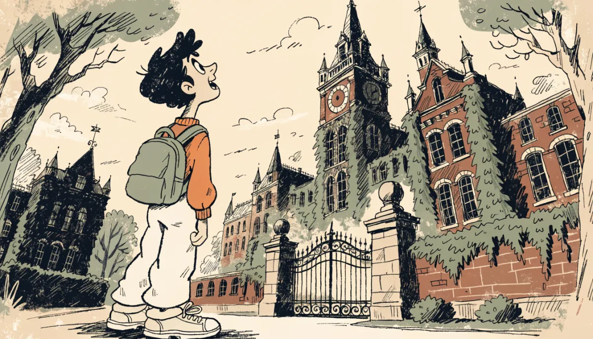 A cartoon student with a backpack gazing up at grand ivy-covered college buildings with tall clock towers