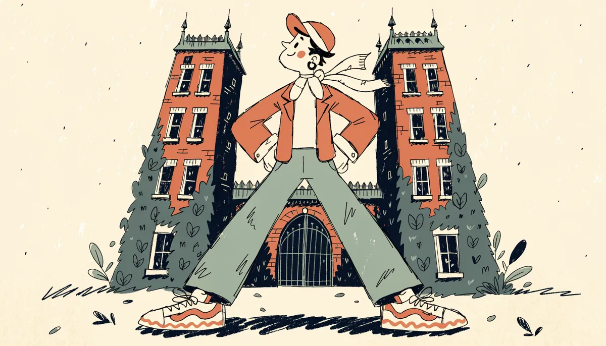 A triumphant cartoon student standing in front of a grand ivy-covered university with tall towers
