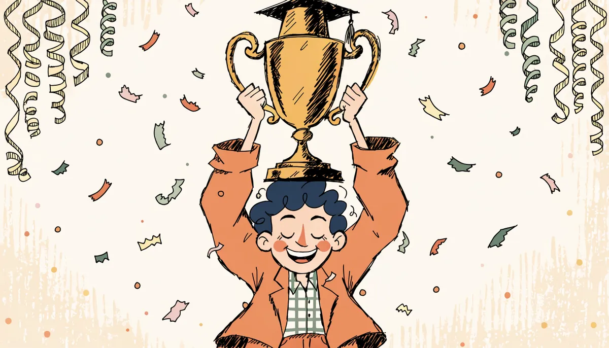 A cartoon student holding up a large gold trophy with a graduation cap, confetti around them