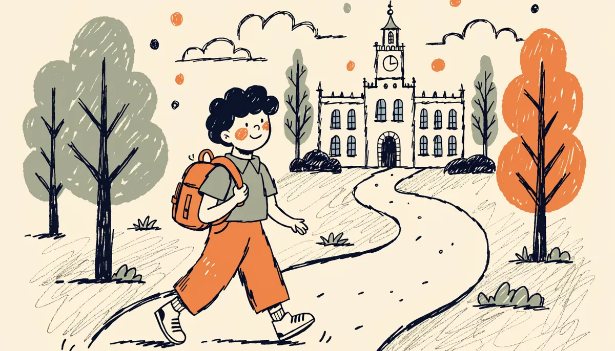 A cheerful cartoon student walking up a path toward a friendly university building with a clock tower