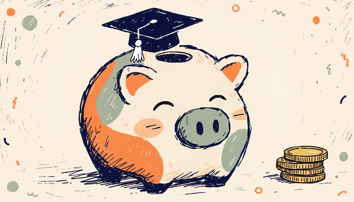 A cartoon piggy bank wearing a graduation cap with a few gold coins stacked beside it