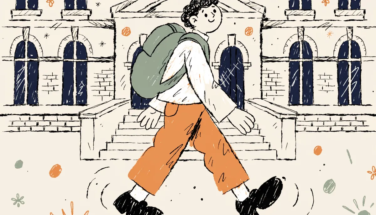 A confident cartoon student walking up steps toward a grand university building with arched windows