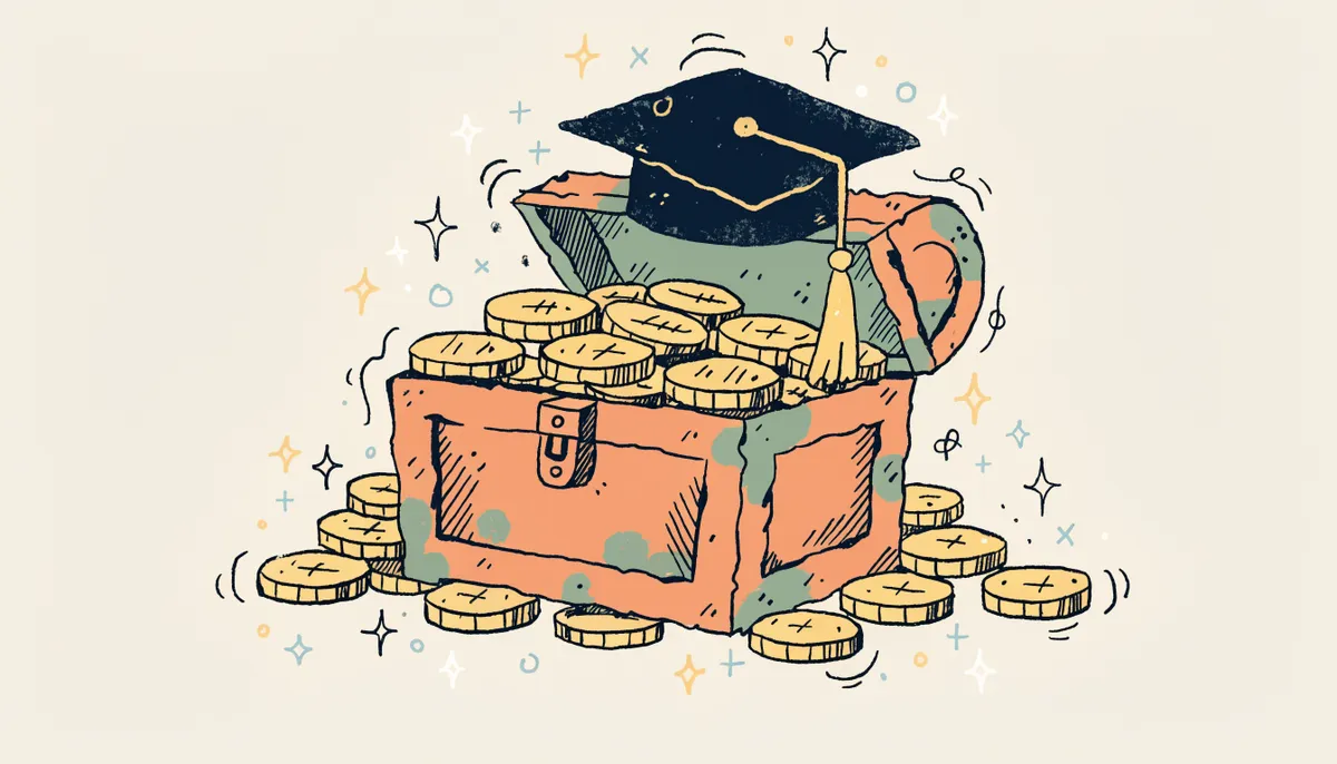 An open cartoon treasure chest full of gold coins with a graduation cap on top, sparkles around it
